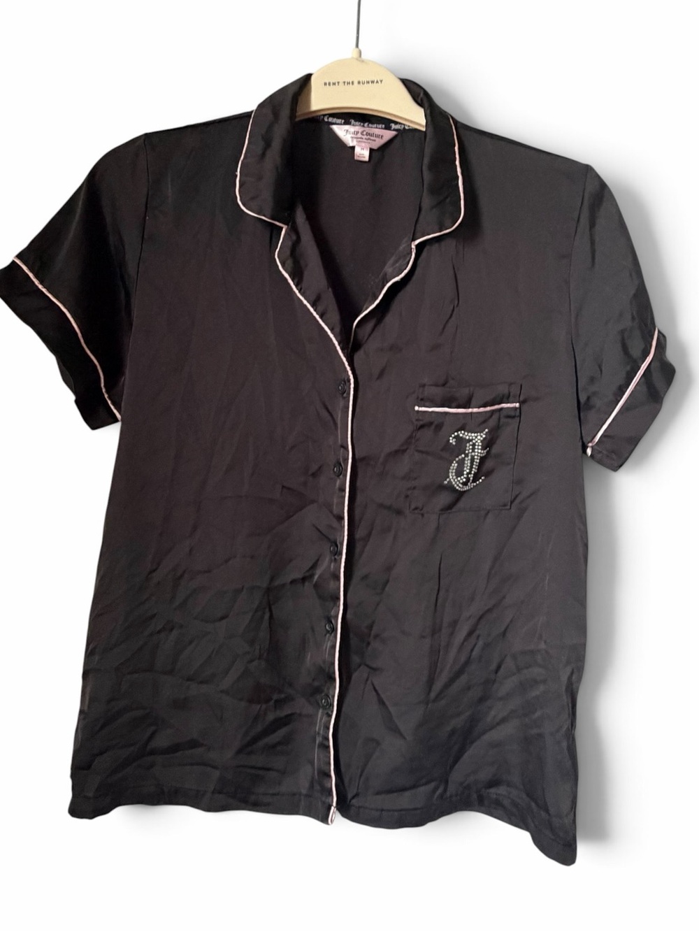 Juicy Couture Black Pajama Set with Pink  Rhinestones Y2K Satin Silky - Picture 2 of 8